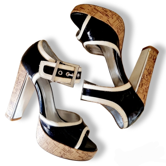 Vintage 2000's Y2k, Betts, "Dalmation" black and white, cork platform block heel - Picture 3 of 6